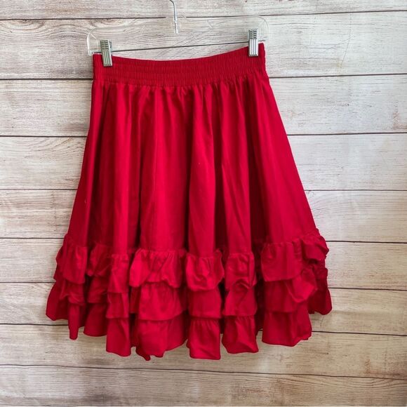 VINTAGE SQUARE UP VERY FULL TIERED RUFFLE SKIRT IN RED - Picture 2 of 4